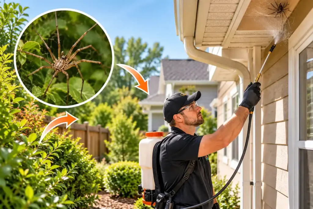 Pest control technician treating spider activity around a home while inspecting nearby vegetation and entry points.
