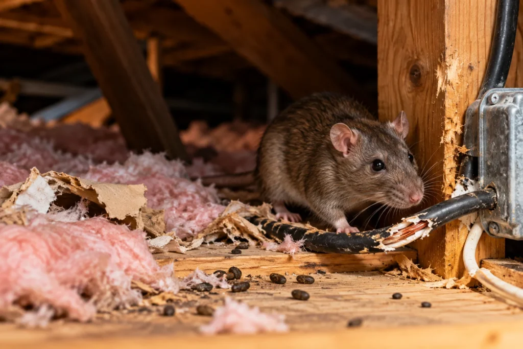 Rat infestation in attic with chewed electrical wiring, insulation, and rodent droppings