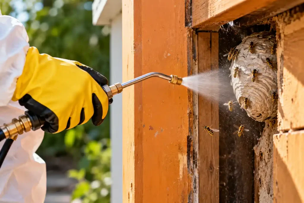 Pest control technician safely treating a wasp nest inside a wooden structure with a professional spray wand.
