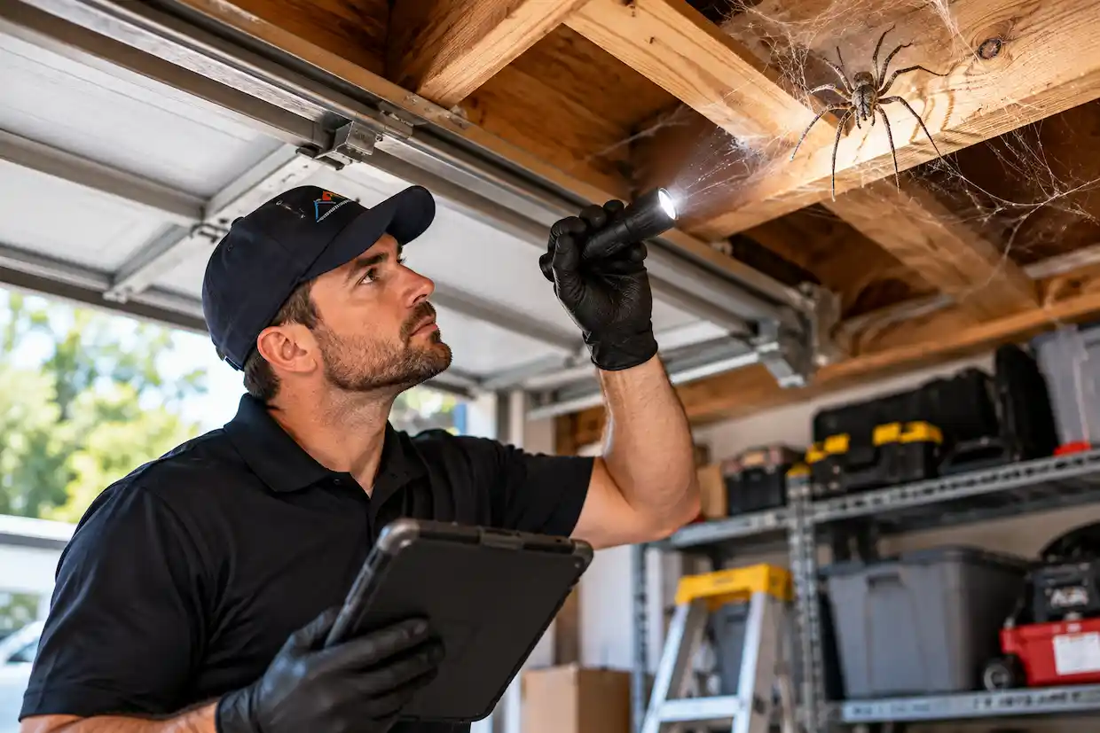 Pest control technician inspecting a spider and webbing in a garage or attic as part of a spider control inspection.