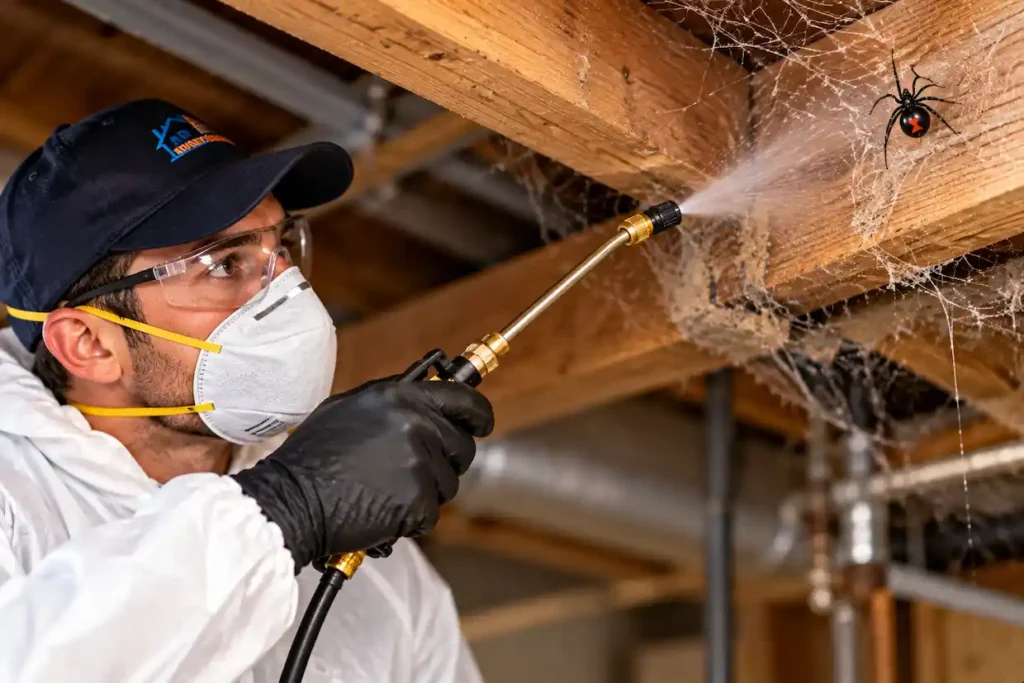 Pest control technician applying targeted treatment to spider webs and a black widow spider in an attic or crawl space.