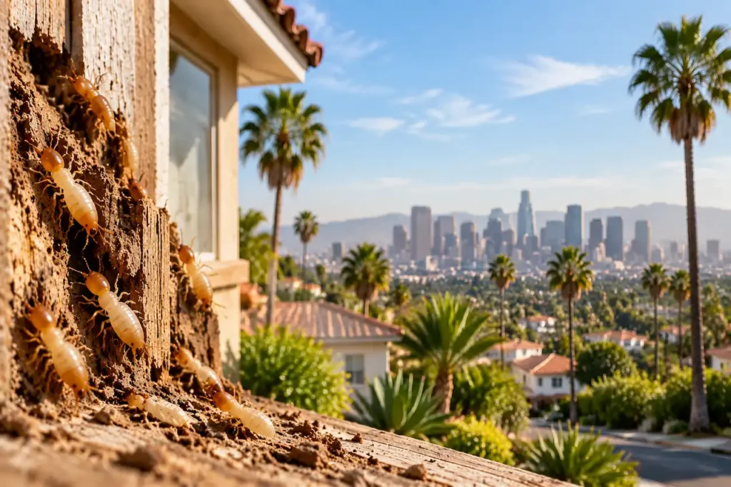 Termites damaging wooden structure near a Southern California home in Los Angeles and Orange County