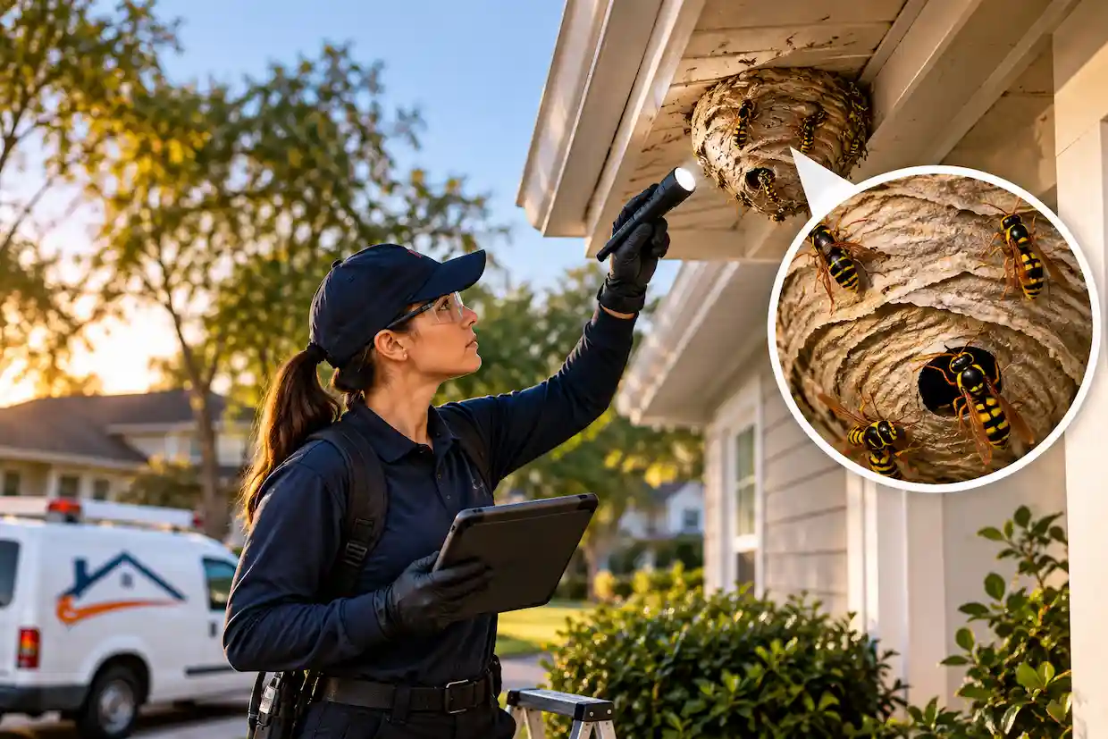Pest control technician inspecting and identifying a wasp nest beneath a suburban home eave.