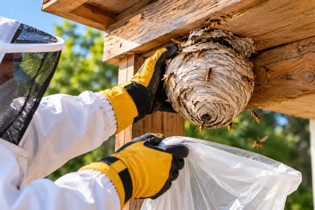 Pest control technician safely removing a wasp nest from a wooden structure during professional nest cleanup.