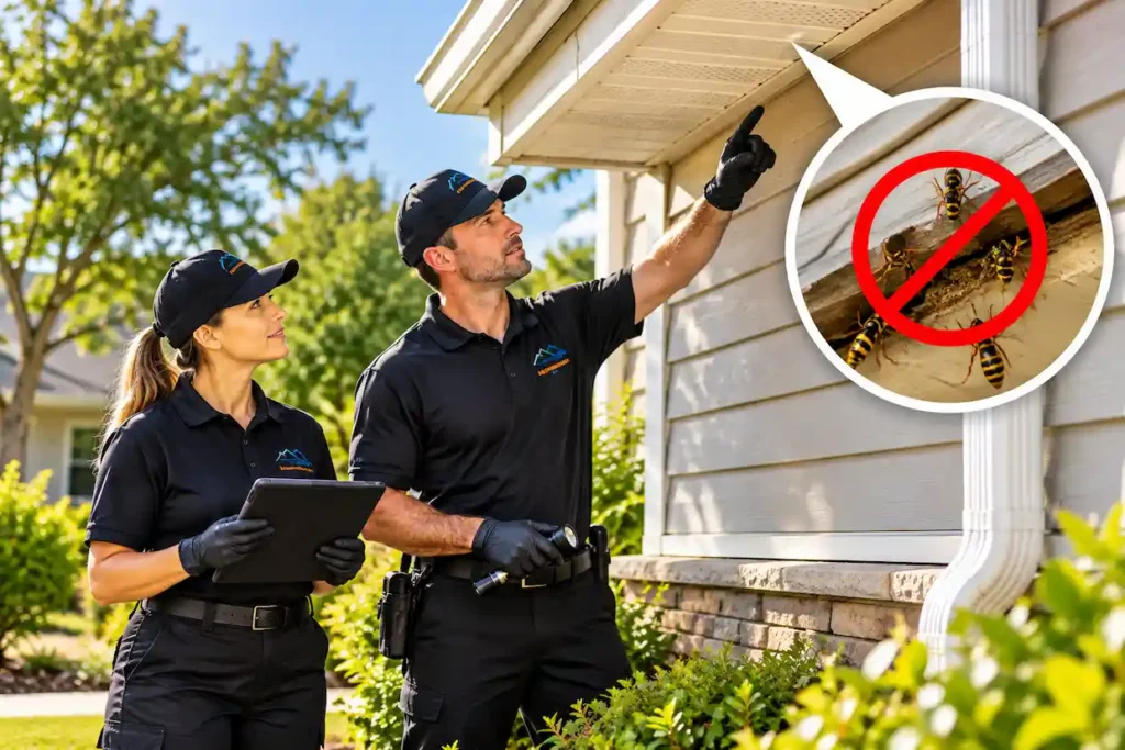 Pest control technicians inspecting a home for wasp entry points and potential nesting areas.