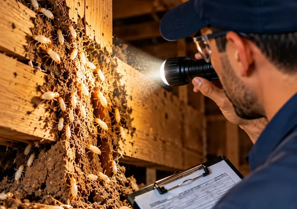 Real estate termite inspector examining damaged wood and recording findings Copy ALT Text