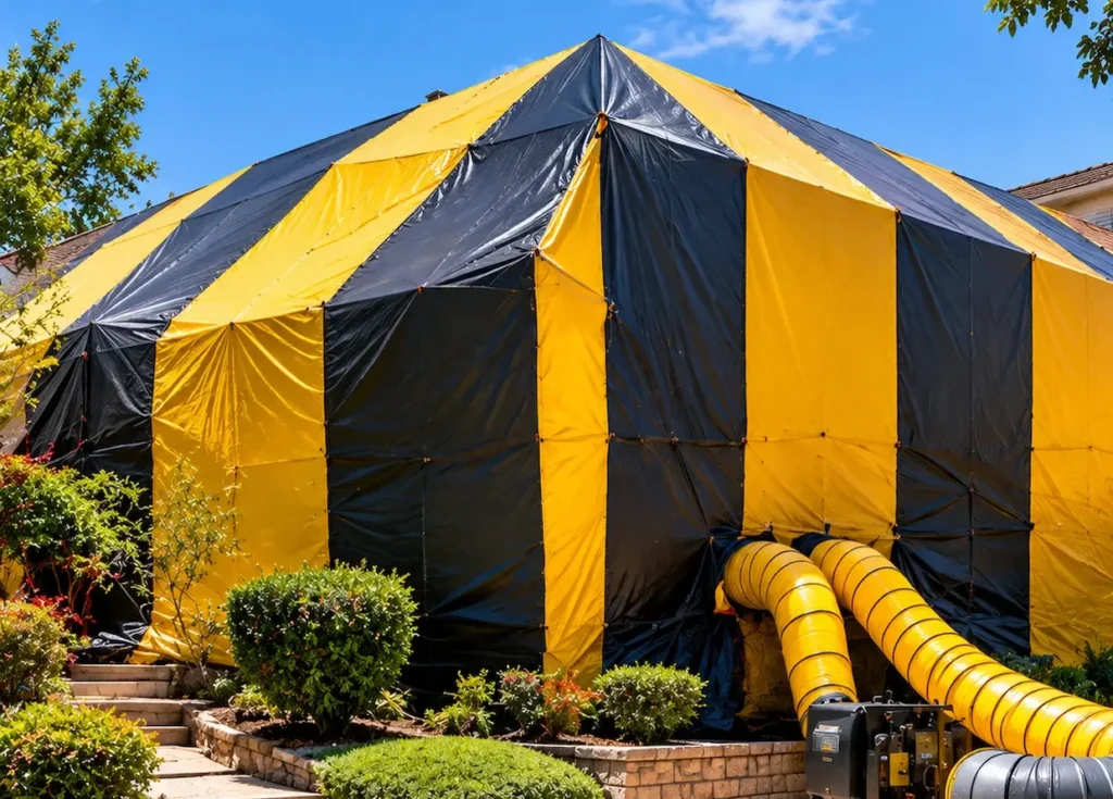Residential home covered with a termite fumigation tent in California Copy ALT Text