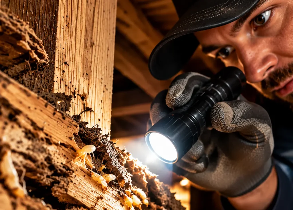 Pest control inspector examining termite damage in a wooden structure Copy ALT Text