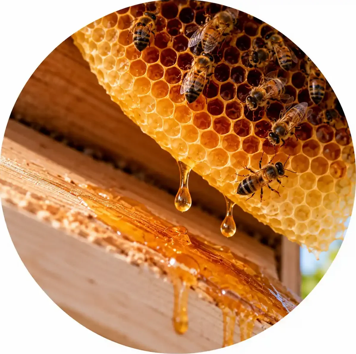 Honey bees on exposed wax comb with honey staining and dripping from a wooden structure.