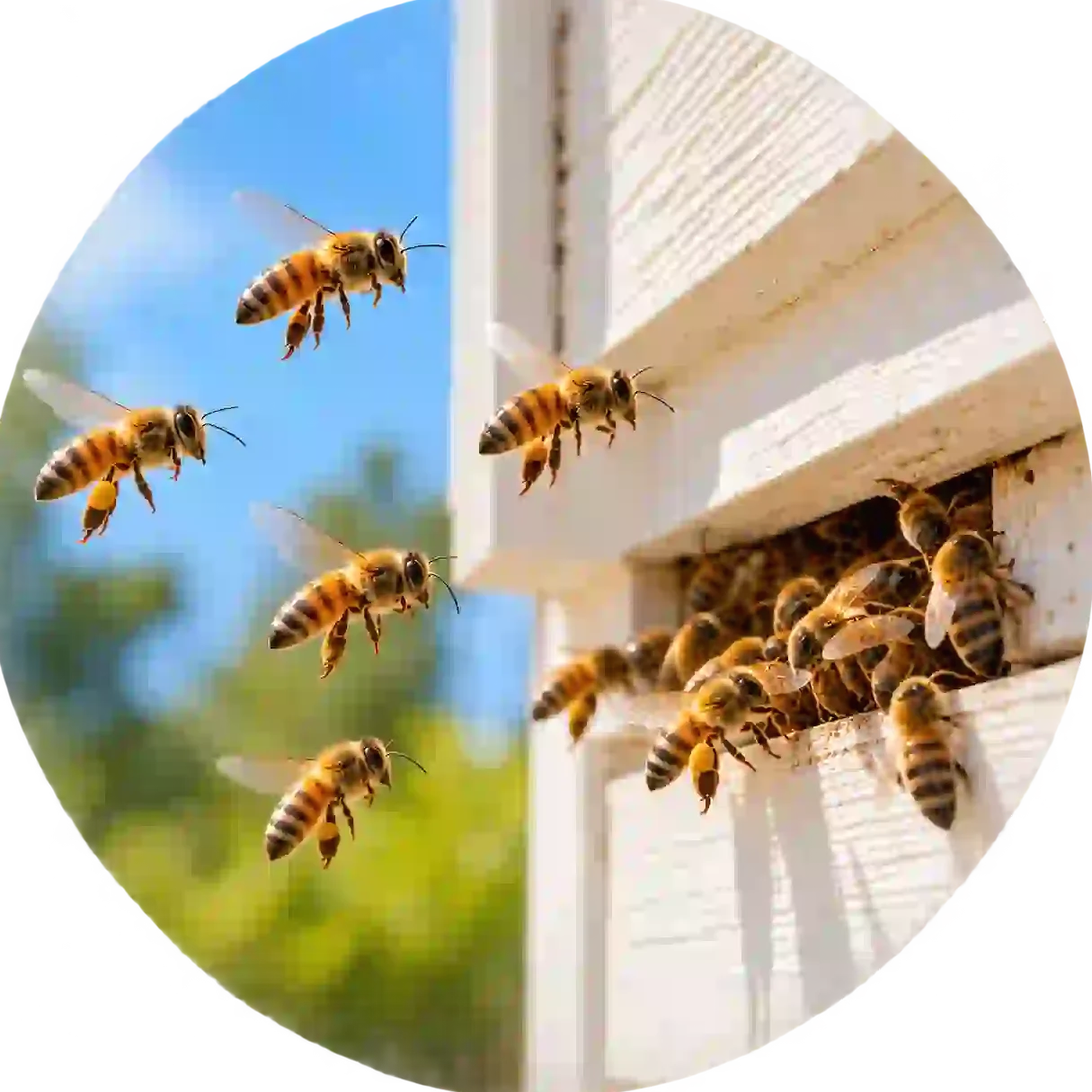 Honey bees entering and exiting a narrow gap in the exterior wall of a home.