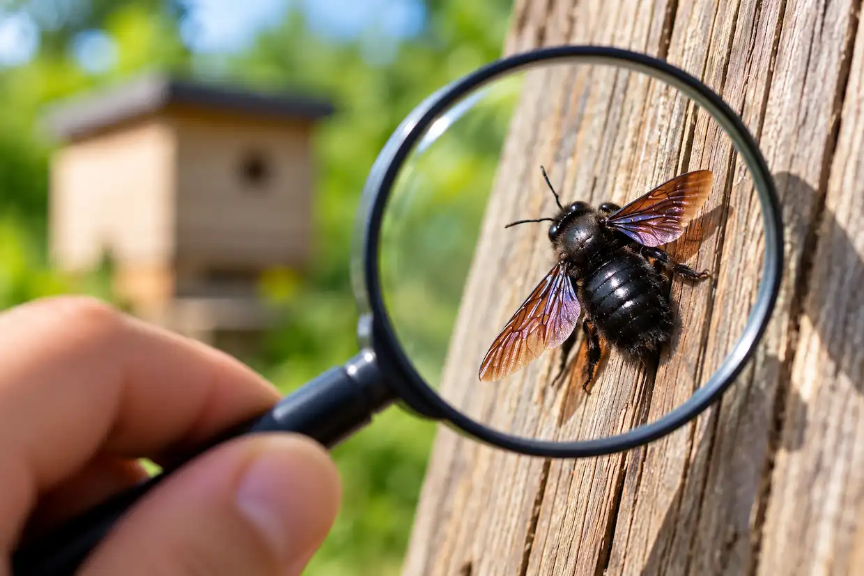 Close-up of a carpenter bee being safely identified on a wooden surface