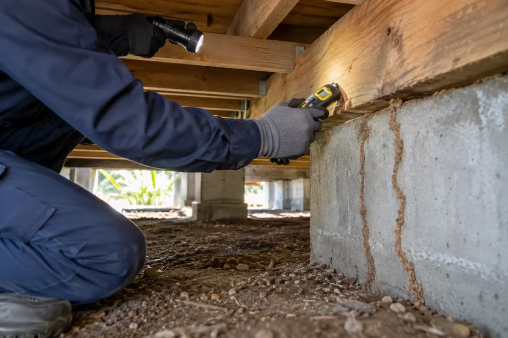 Inspector checking crawl space timber and foundation for termite activity with a moisture meter.