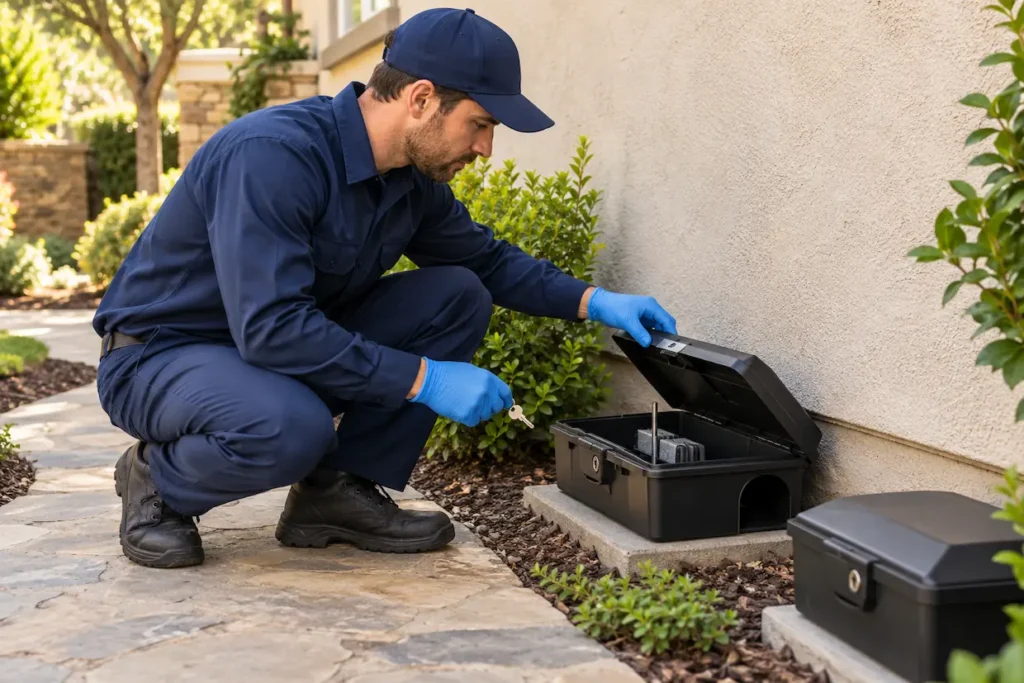 Pest control technician inspecting a tamper-resistant rodent bait station beside a home’s exterior wall.