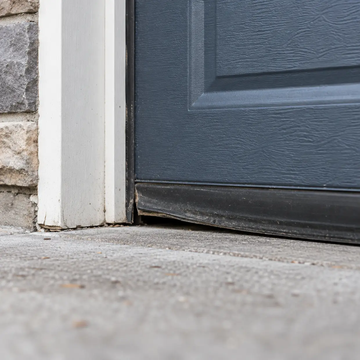 Worn garage door weatherstripping leaving a gap above the concrete driveway.