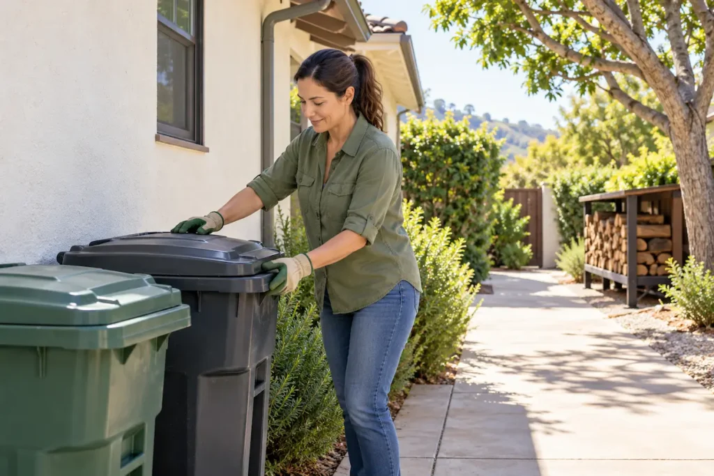 Homeowner securing an outdoor trash bin lid in a tidy yard with firewood stored away from the house.