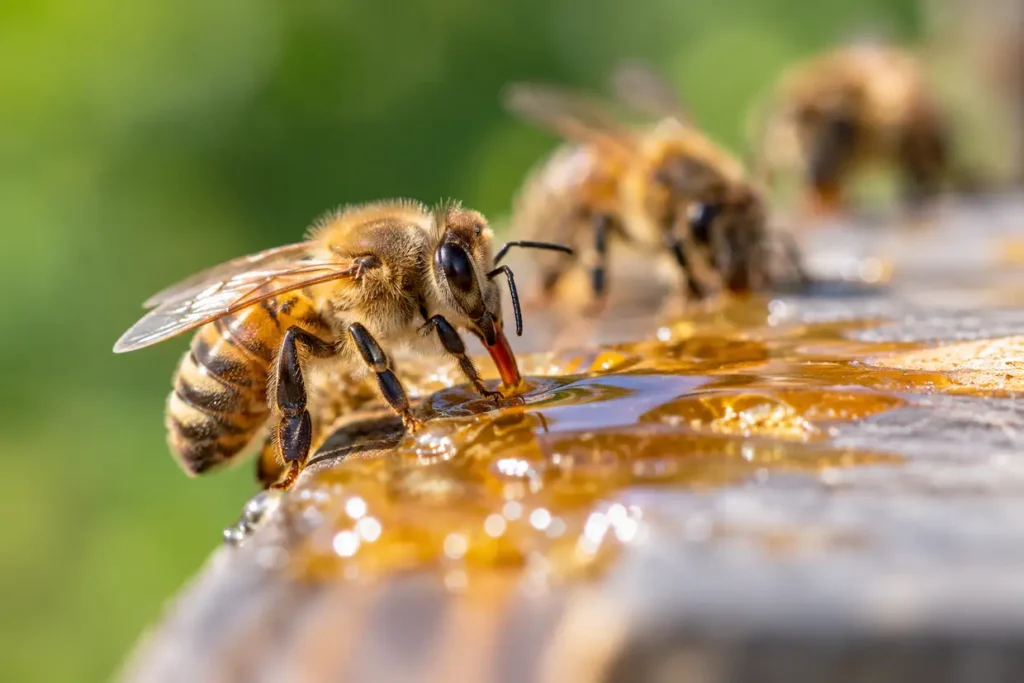 Honeybee near exposed honey and wax comb during hive removal