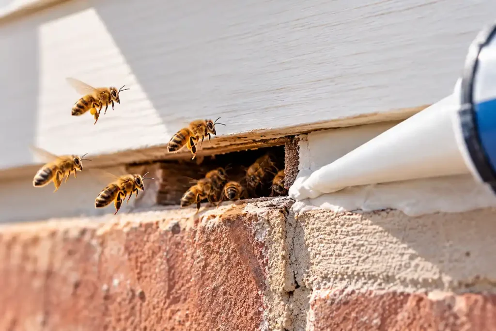 Honeybees entering a gap in building siding while the entry point is sealed