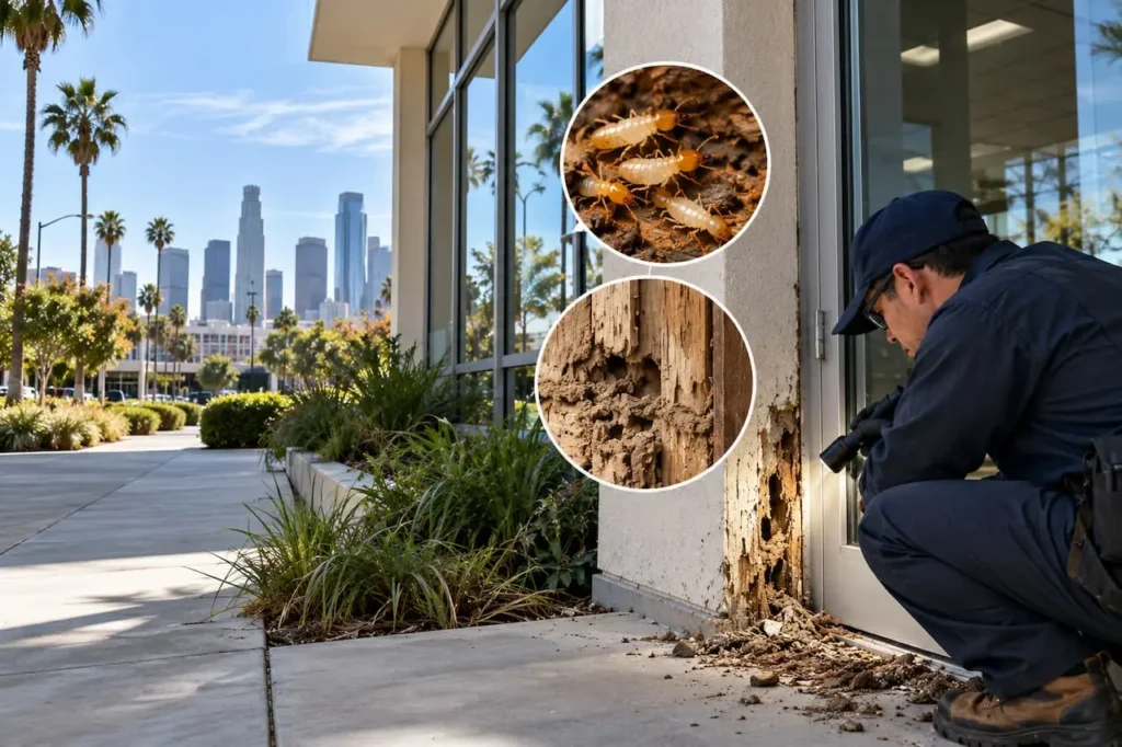 Pest control technician inspecting termite damage at a commercial building in Los Angeles, California.