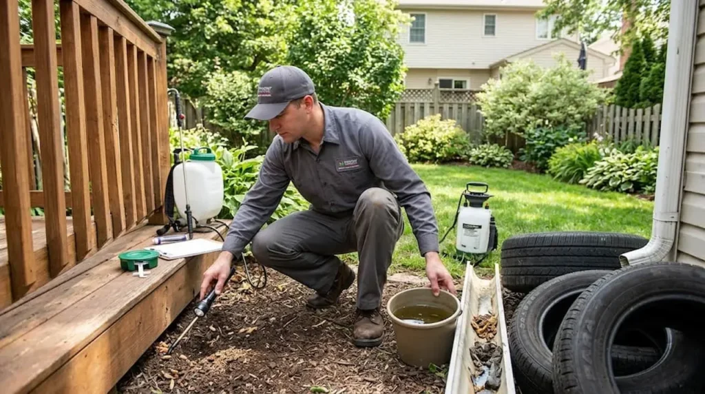 Pest control technician inspecting standing water in buckets, gutters, and under a wooden deck for mosquito breeding sites.