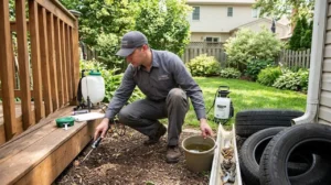 Pest control technician inspecting standing water in buckets, gutters, and under a wooden deck for mosquito breeding sites.