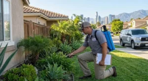 Impressive Exterminating pest control technician spraying a residential yard using a backpack sprayer.