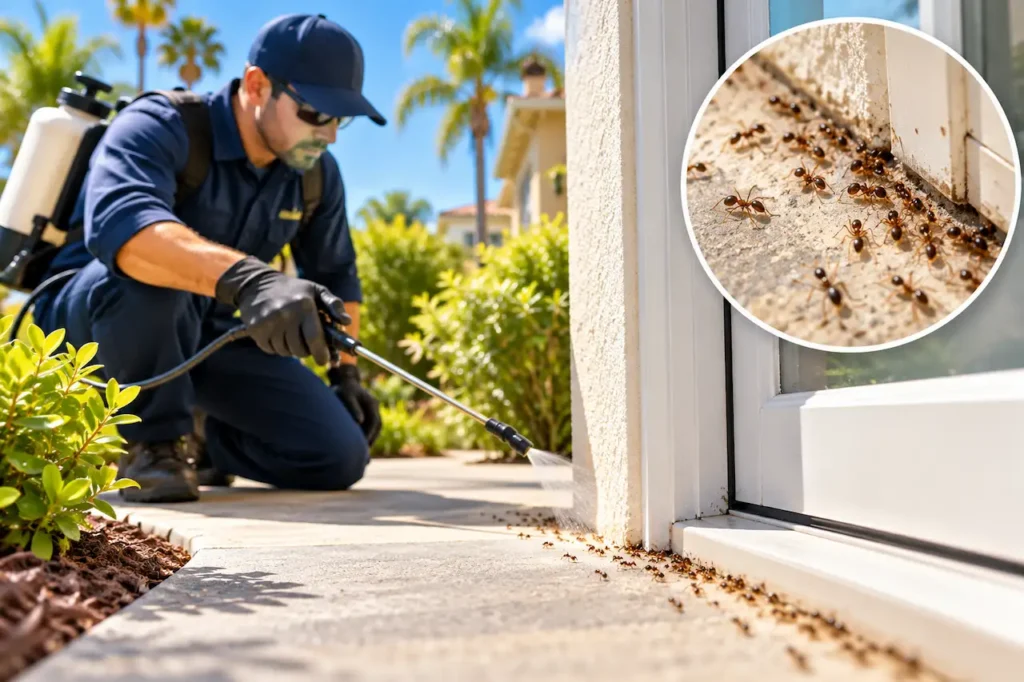 Pest control technician treating Argentine ants outside a Southern California home