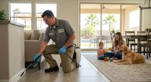 "Pest control technician applying treatment along baseboards while a mother, child, and dog sit in the background."