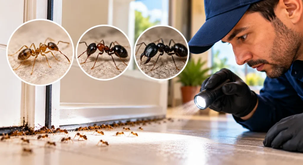 Pest control technician inspecting ants inside a Southern California home