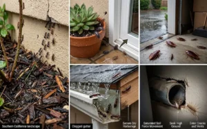 "A collage showing various insects and pests like ants, roaches, and earwigs escaping rain and wet soil to enter a home."