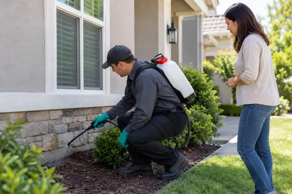 Pest control technician treating the exterior foundation of a home to prevent pests.