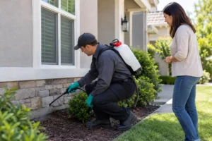 Pest control technician treating the exterior foundation of a home to prevent pests.