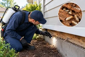 Pest control technician inspecting a home's wooden exterior for termite activity after tenting treatment