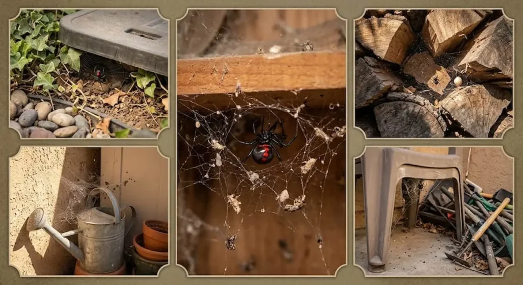 A multi-panel photograph showing common black widow spider hiding spots around a home, including under water meter boxes, inside dark garage shelves, stacked firewood, near outdoor watering cans, and beneath patio furniture.