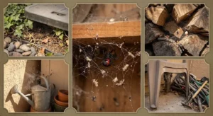 A multi-panel photograph showing common black widow spider hiding spots around a home, including under water meter boxes, inside dark garage shelves, stacked firewood, near outdoor watering cans, and beneath patio furniture.