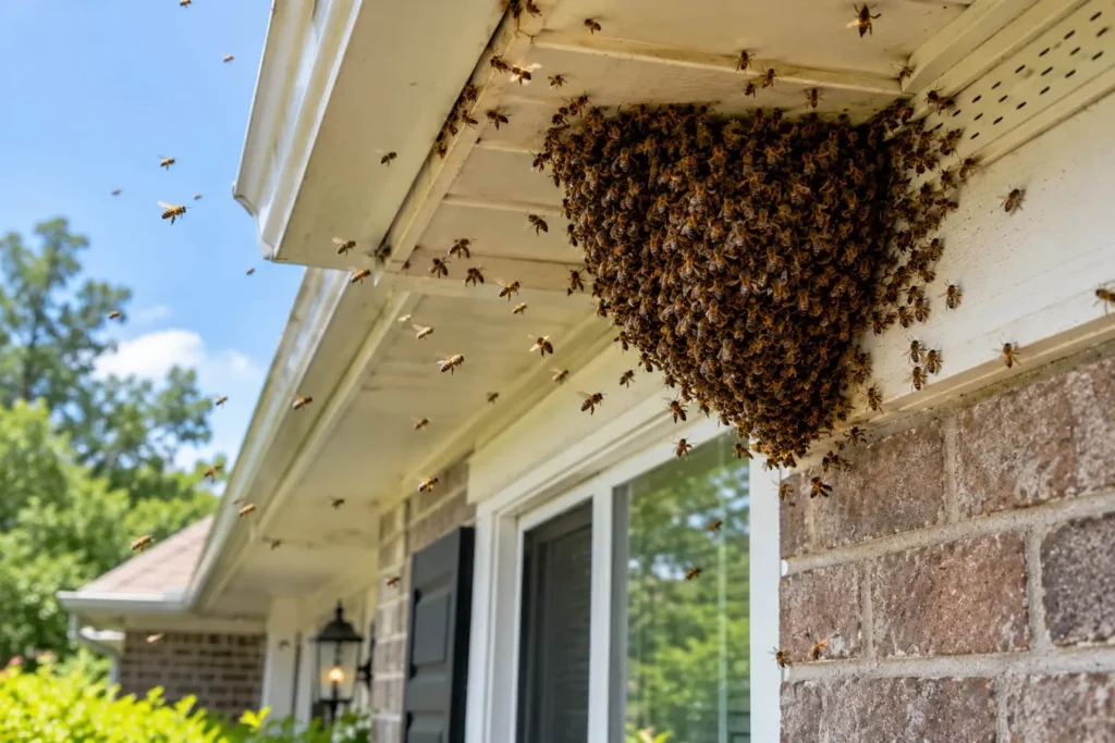 Honeybees gathering in a large swarm beneath the roof eaves of a residential house.
