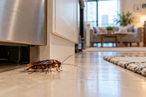 Brown cockroach crawling across the clean kitchen floor of a modern apartment near a cabinet and refrigerator.