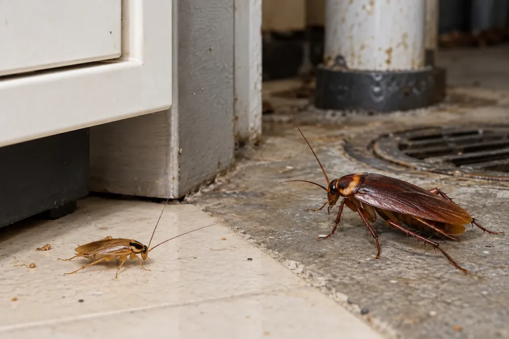 German cockroach California homeowners may encounter compared with a larger American cockroach near a household drain.