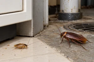 German cockroach California homeowners may encounter compared with a larger American cockroach near a household drain.