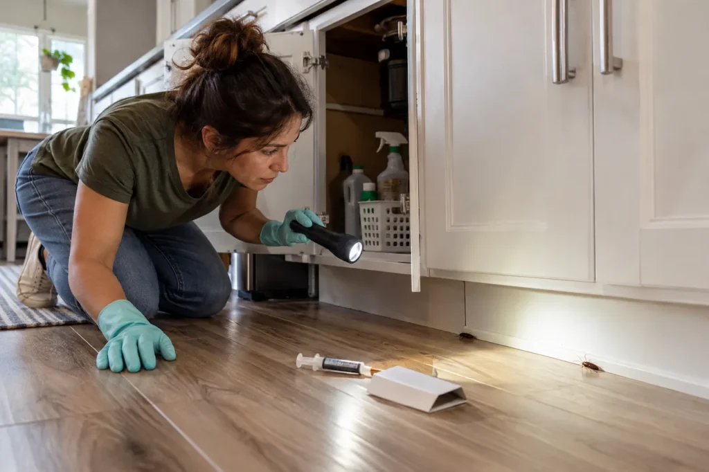 Homeowner inspecting cockroaches under kitchen cabinets using a flashlight and DIY pest control methods.