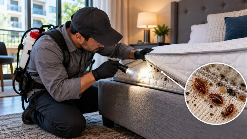 Pest control technician inspecting an apartment mattress for bed bugs, with a close-up view of bed bugs hiding in mattress seams.