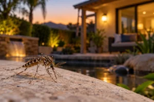 Mosquito near a backyard patio at dusk in Southern California