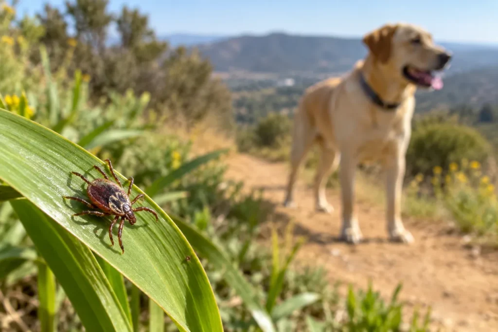Tick on a green leaf with a dog in the background on a Southern California trail