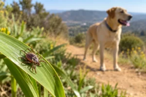 Tick on a green leaf with a dog in the background on a Southern California trail