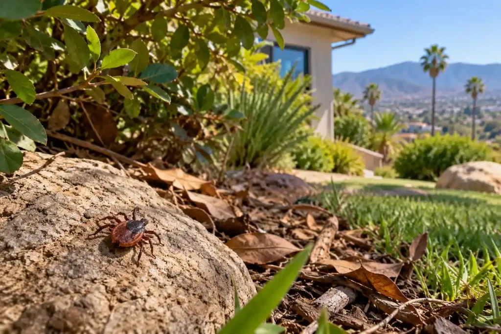 Close-up of a tick on a rock surrounded by dry leaves and vegetation in a Southern California backyard