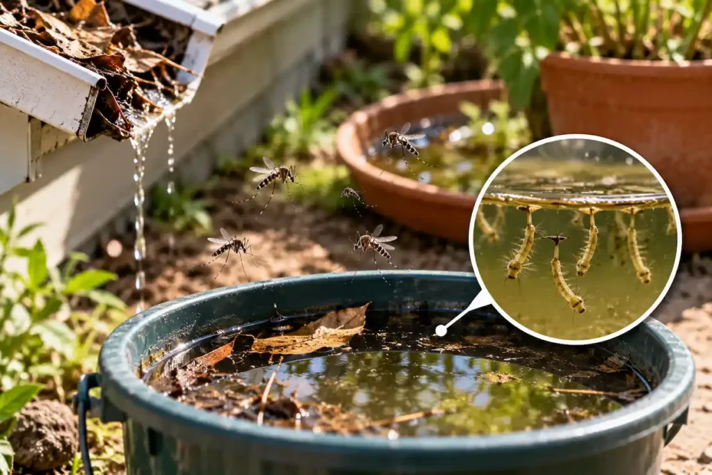Mosquitoes breeding in stagnant water near a clogged gutter and garden container