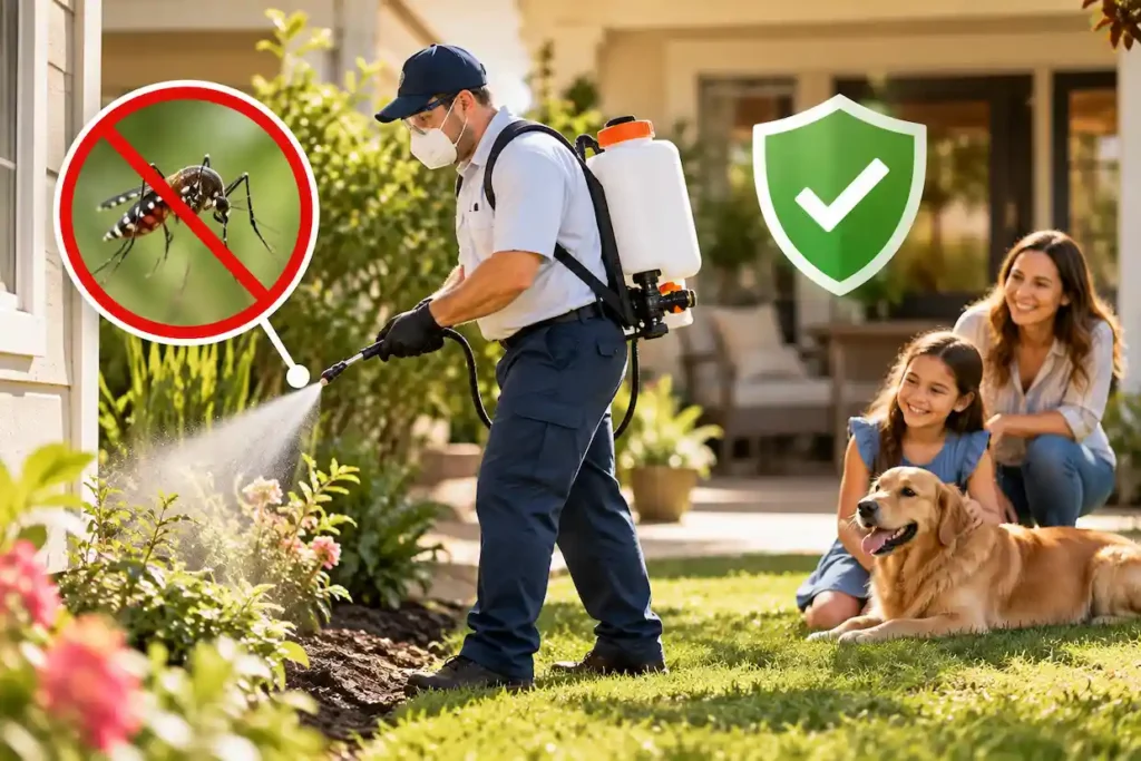 Pest control professional treating a backyard with a family and dog nearby