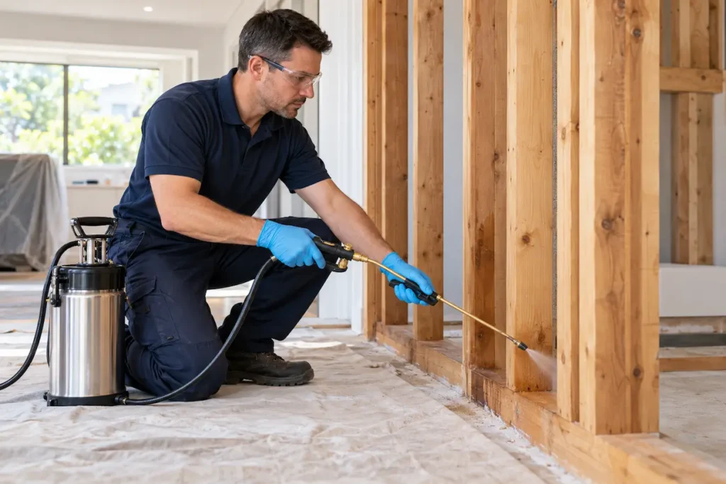Pest control technician applying protective termite treatment to exposed wooden wall framing.
