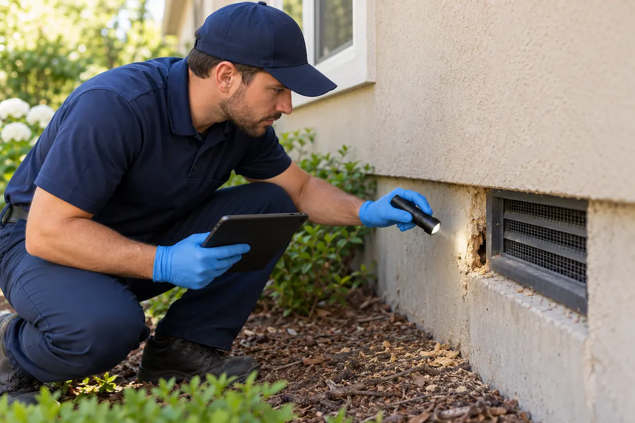 Pest control technician inspecting a gap beside a crawl space vent with a flashlight and tablet.