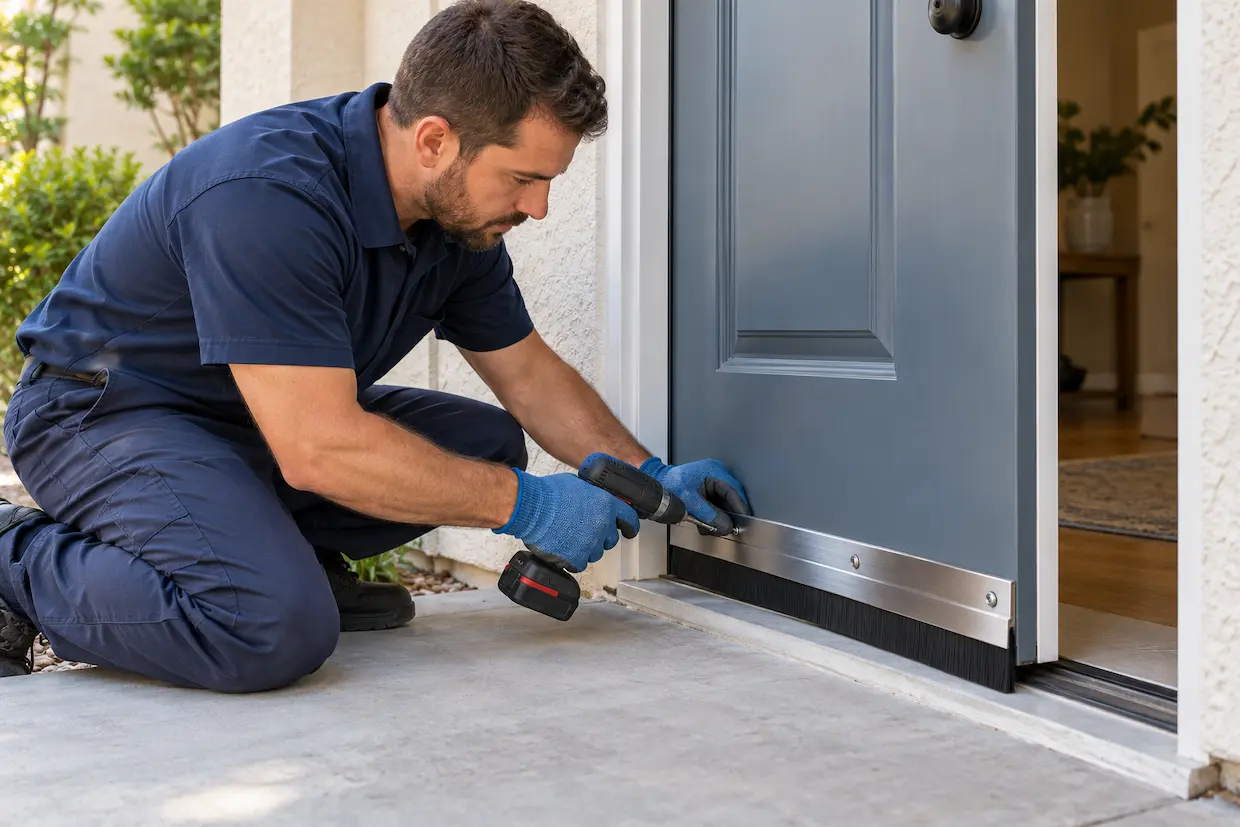 Technician installing a metal door sweep to seal the gap beneath an exterior door.