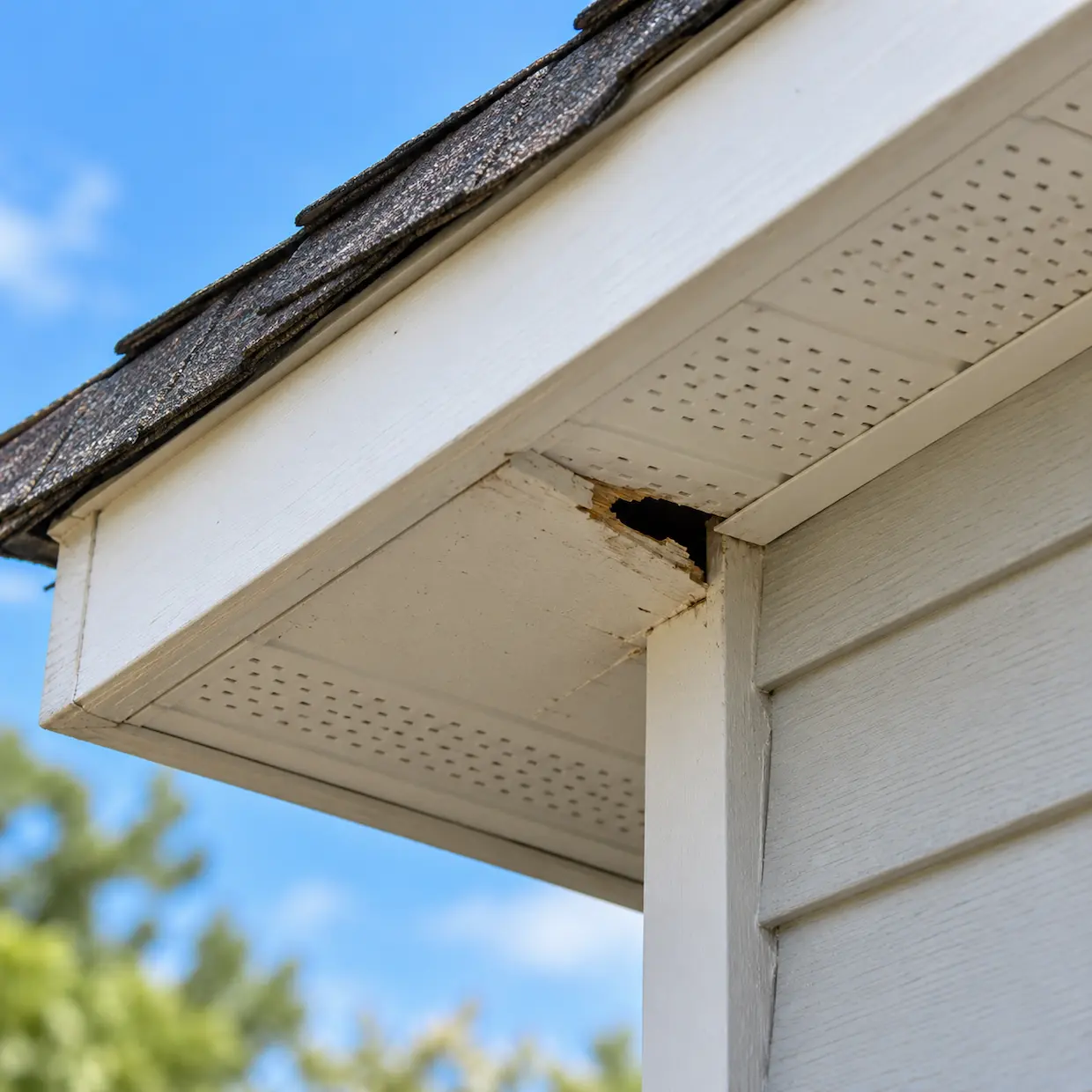 Gap in damaged soffit beneath a roof eave where rodents may enter.